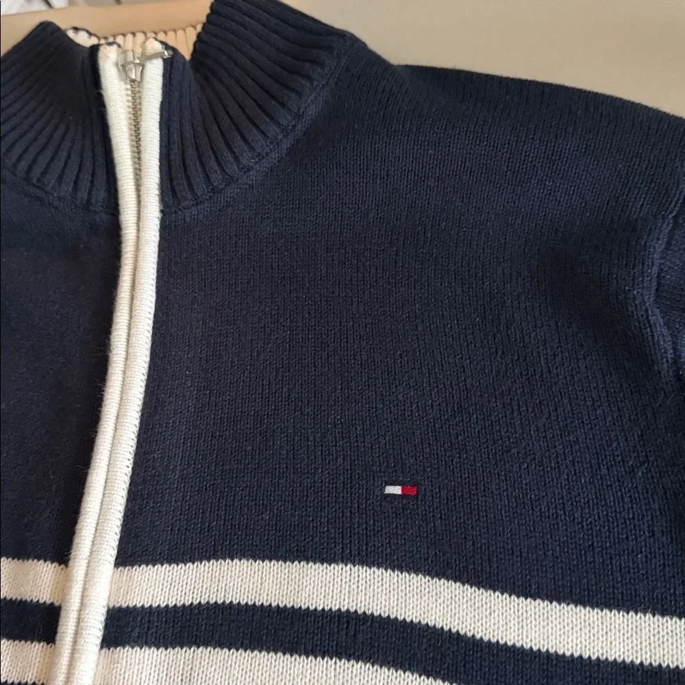 Tommy Hilfiger Men’s Navy & White Stripe Full Zip Cotton Sweater Nautical Size L - Picture 7 of 11